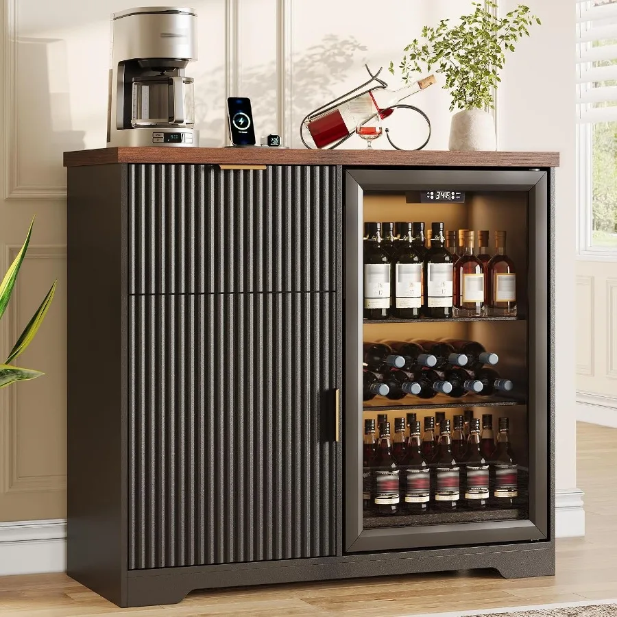 Mini Fridge Cabinet with Power Outlet Coffee Bar Cabinet
