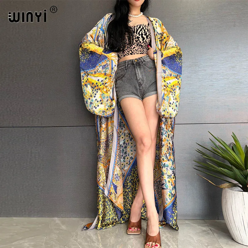 WINYI summer Bohemian Print Beachwear Bikini Cover-ups Elegant Africa kimono Cardigan sexy long Sleeve silk feeling loose dress