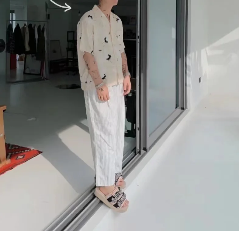 

Visvim Kofu Crosby ort Sve Men's irt Summer Youth Faion Soft Luster Silk Geometric Crane Print Loose Fit Cuban Collar