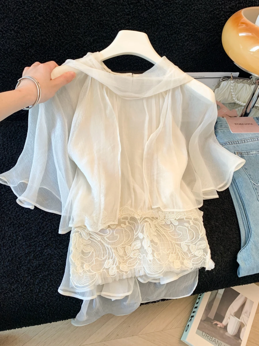 

Elegant Loose Chiffon Shirt Women's Summer High-End Feel Lace Half High Collar Generous Style Top French Style Short Sleeve