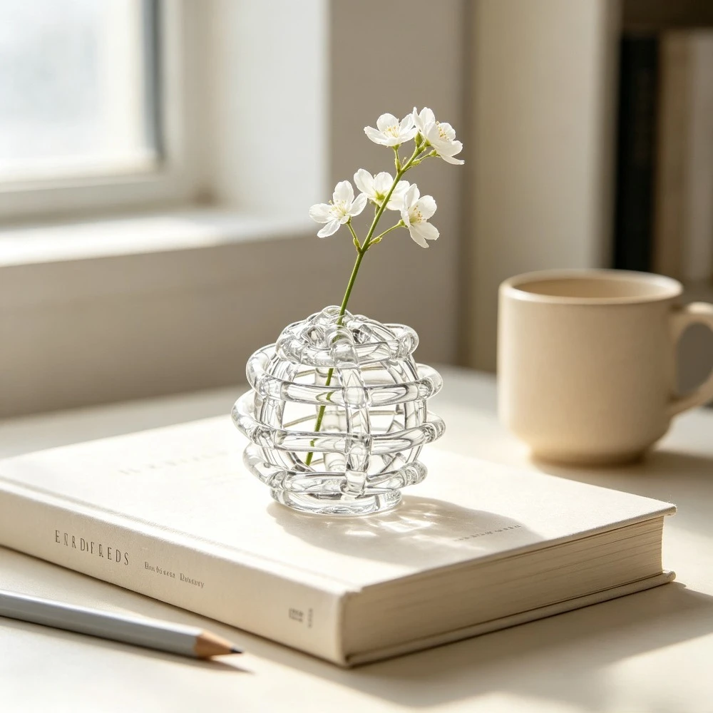 Hollow Weave Glass Vase Creative Handblown Clear Flower Vase Modern Art Tabletop Vase for Home Office Desktop Decor