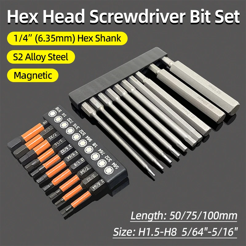 Hex Bit Set Head Allen Wrench Screwdriver Bit Set SAE Metric Hex Shank Magnetic Screw Driver S2 Steel Electric Drill Hand Tools