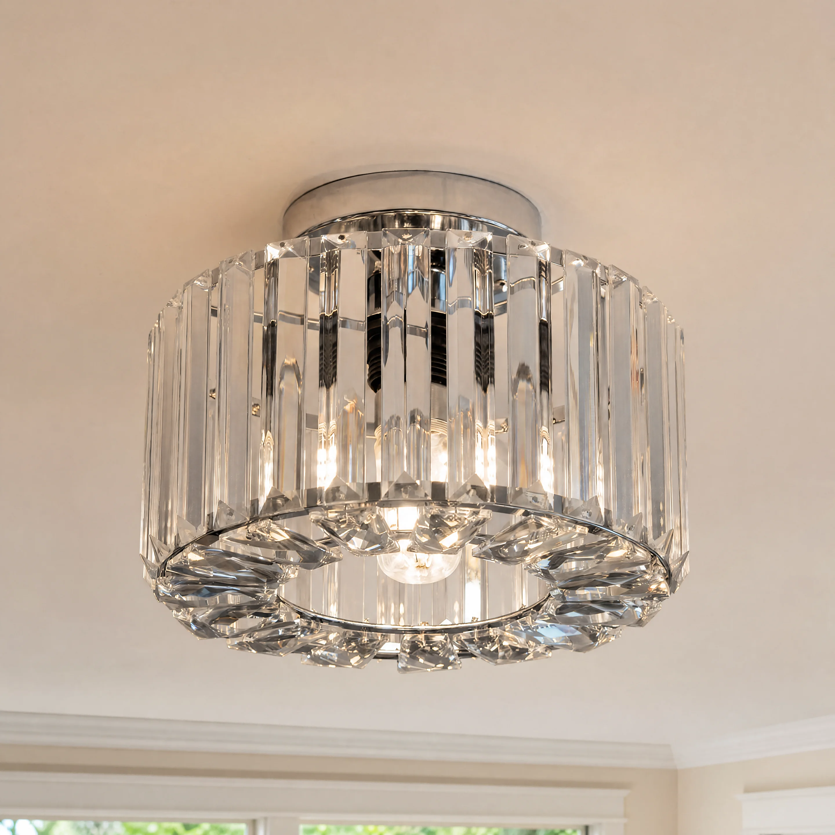 Modern Silver Crystal Ceiling Light, Round Flush Mount Vintage Dimmable K9 Crystal Light Fixture for Hallway Kitchen Island