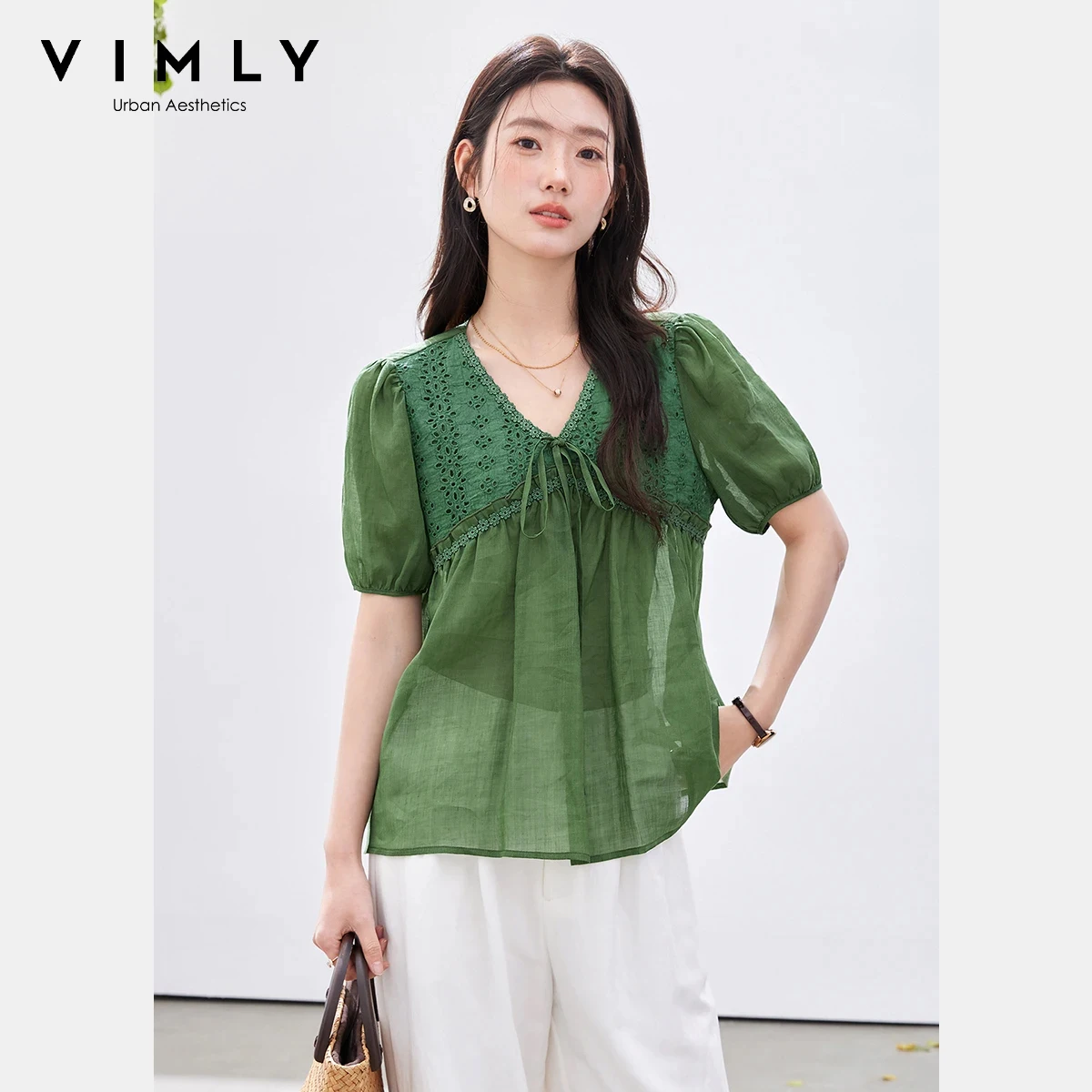 

VIMLY Women's Casual Breathable Ramie Shirt 2026 Summer New Green Cut Out Embroidery Patch V-Neck Tie Short Sleeve Blouse A5370