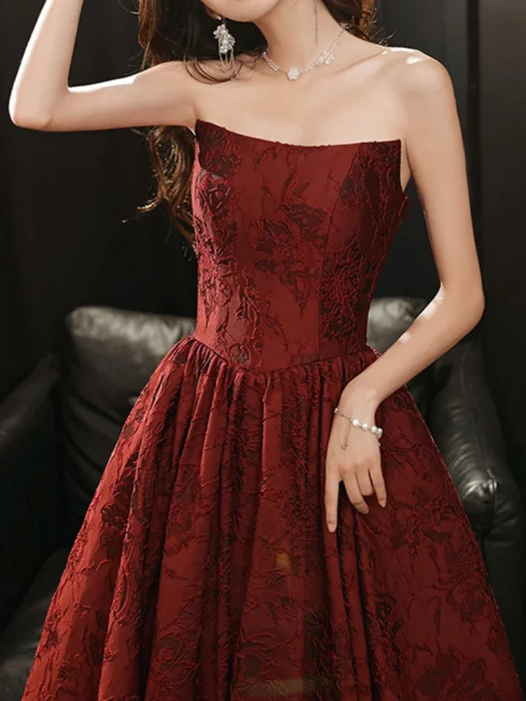 Customized Sexy Strapless Sleeveless High End Wine Red Wedding Party Dresses French Temperament Floral Printed Gown Backless Str