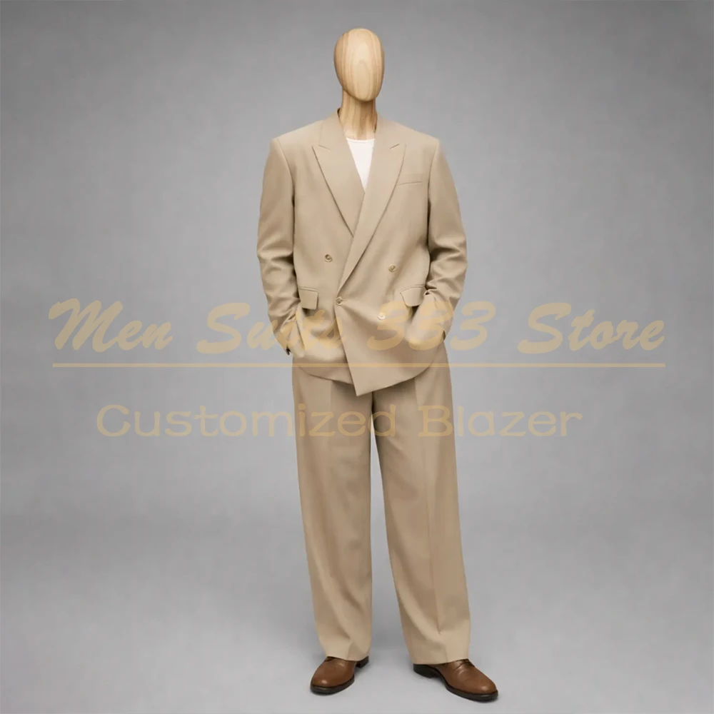 

Tailor-Made Wedding Men's Suits Loose Blazer Double Breasted Peak Lapel 2 Piece Jacket Pants Casual Business Trendy Costume