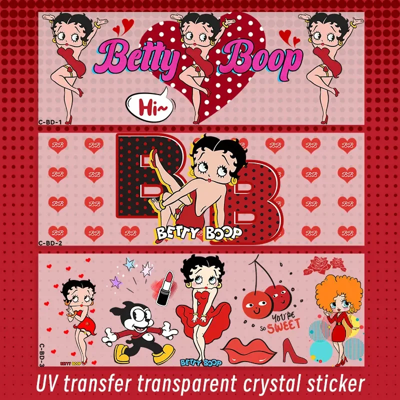 ملصقات DTF الإبداعية DIY ملصقات مقاومة للماء لسلسلة Betty Boop Bimbo Anime UV نقل كريستال بوبو الشفاف للفتيات
