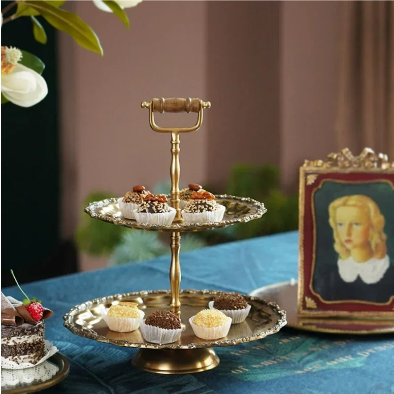 Luxury Double Layer Fruit and Cake Stand, European High Tea Dessert Serving Tray, Indian Wood Handle Elegant Solution.