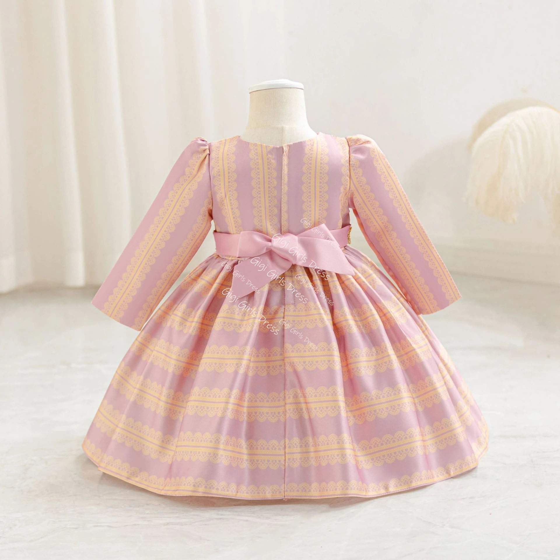 Платье принцессы для маленьких девочек с цветочным принтом и длинными рукавами, арабские халаты для малышей, золотое кружевное платье с поясом на день рождения, платье с цветочным узором для девочек