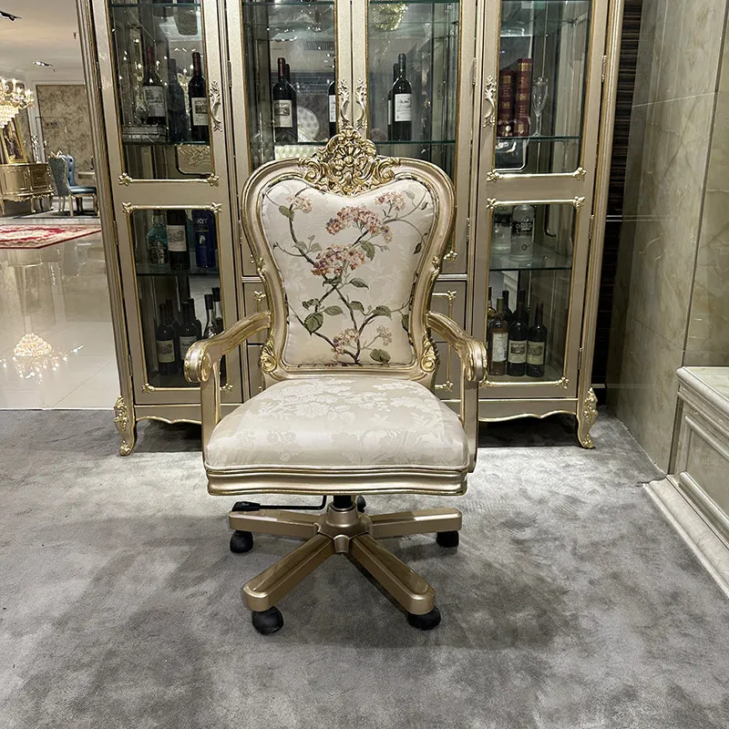 French embroidered book chair, European luxury solid wood soft bag seat cushion, office chair, swivel chair,