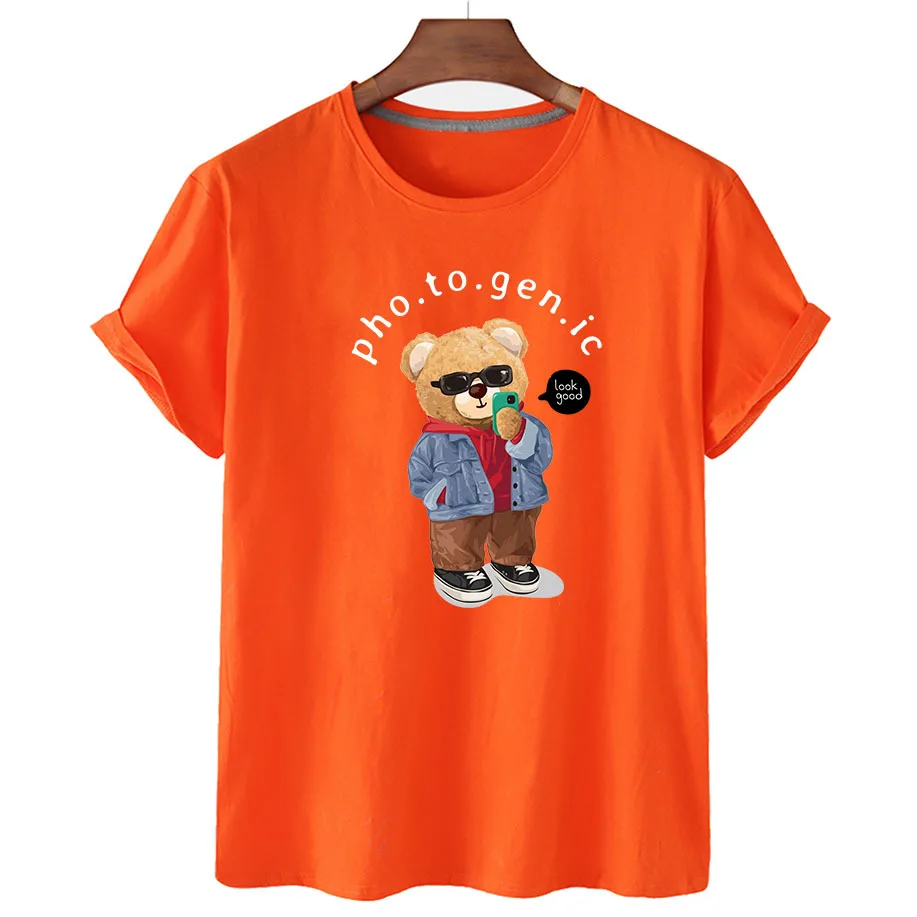 100% Cotton Photo Bear Print T-shirt 2022 Women's Fashion Shirt Unisex Short Sleeve O-neck T-shirt Summer Fashion Couple T-shirt