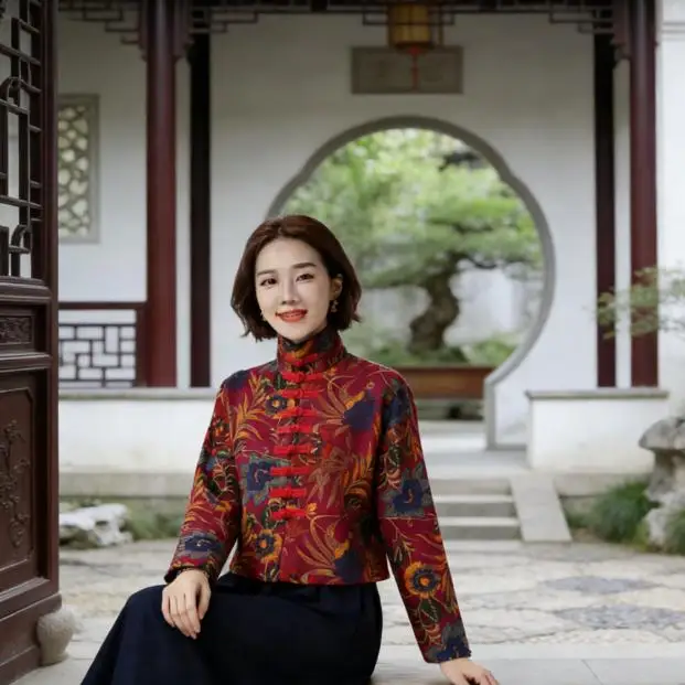 Spring Autumn Women Ethnic Chinese Retro Floral Cotton-Linen Shirt Jacket Lined Button-Down Casual Tops for Daily Wea