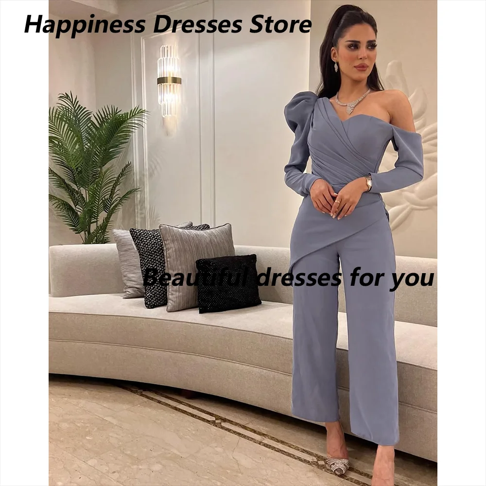 

Saudi Arab Jumpsuit Evening Dress Customized Off Shoulder Long Sleeves Pleat Jersey Ankle-Lenth Prom Gown Arabian Formal Dresses