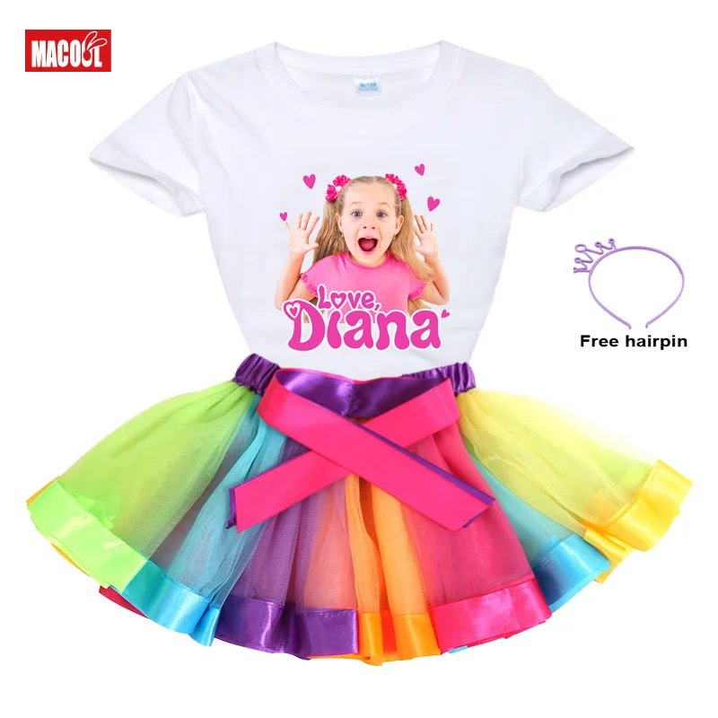 Girl Clothes Set Rainbow Dress Tutu Dress Suit Children Clothing Summer Skirt Kid Clothing Toddler Baby Outfit Love Diana TShirt