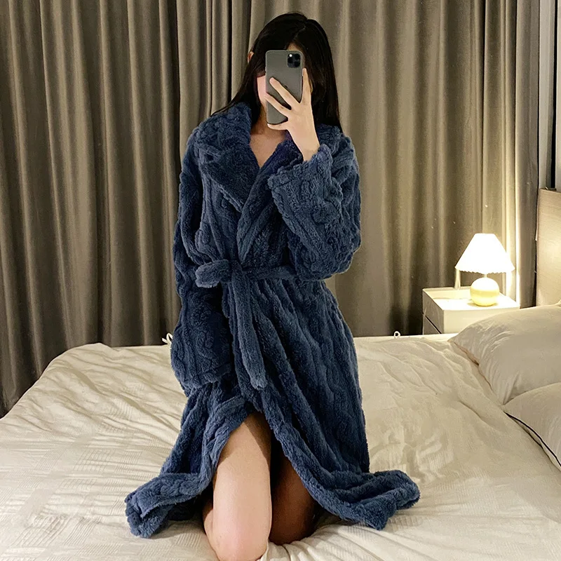 Women\'s Flannel Bathrobe with Sashes Solid Long Sleeve Ladies Dressing Gown Fleece Winter Warm Homewear Bath Robe for Female