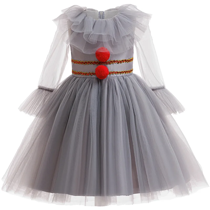 Girls Gray Joker Costume Lace Mesh Tutu Dress For Children 2025 Halloween Carnival Cosplay Party Creepy Clown Children Clothes