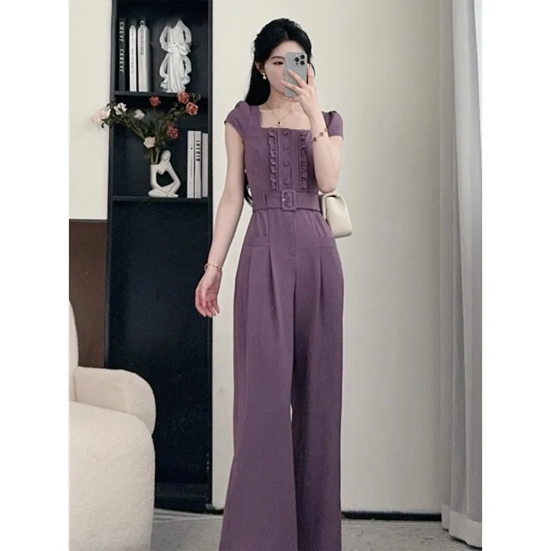 سروال أرجواني قطعة واحدة للنساء لصيف 2025 سروال تنحيف الخصر عالي الجودة مربع Ne Faionable