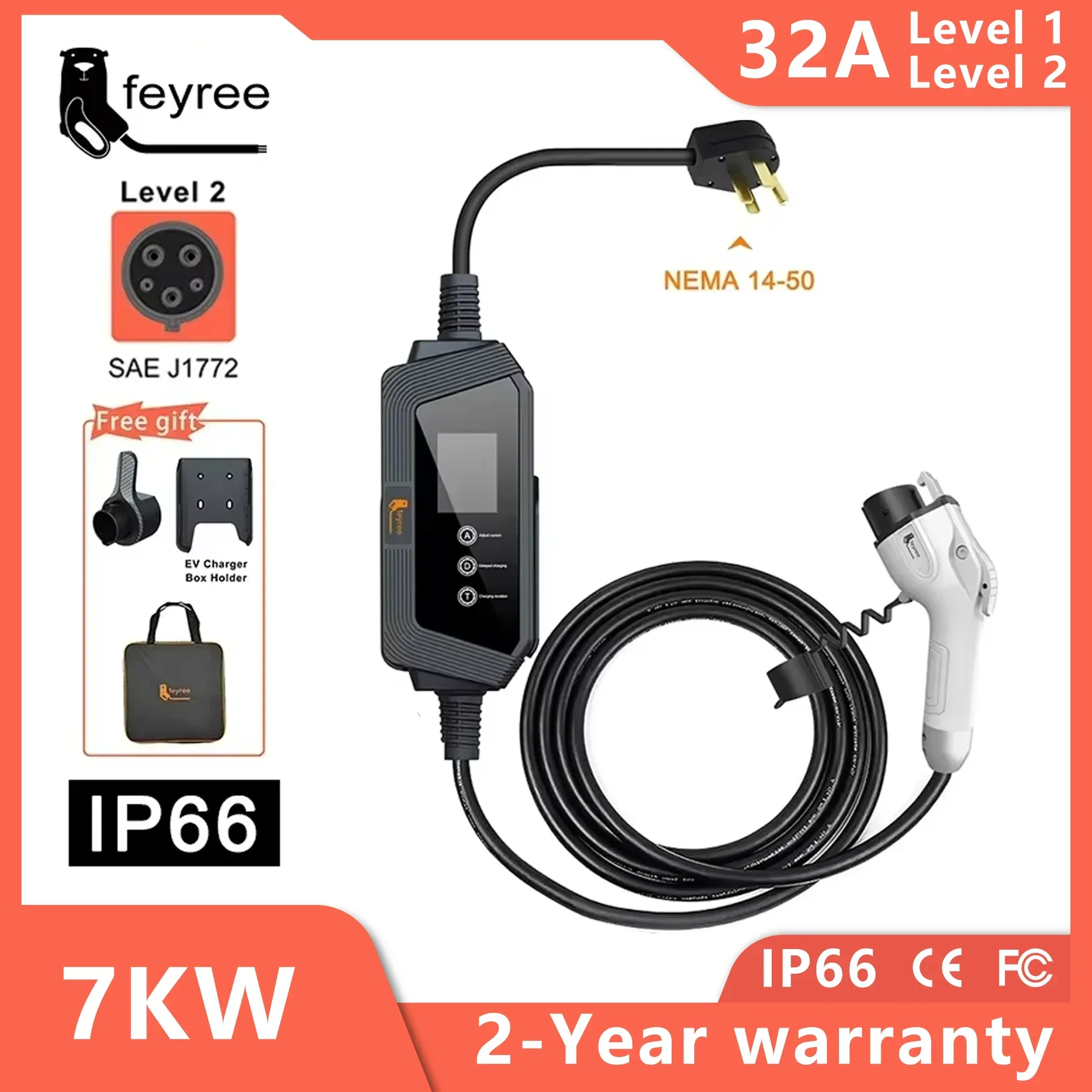 feyree Type1 7KW 32A EV Charger 1Phase with j1772 Cord Current Adjustable Portable Charging Box Holder for Electric Car Charger