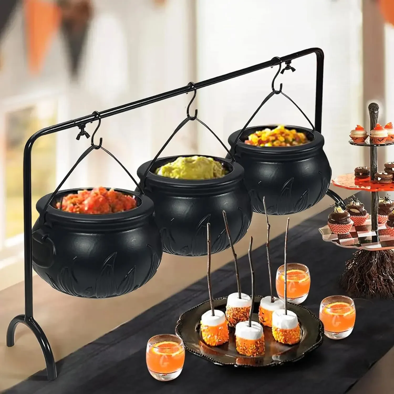 

Halloween Set of 3 Witches Cauldron Serving Bowls on Rack Plastic Pocus Candy Bucket for Home Kitchen Party Decoration