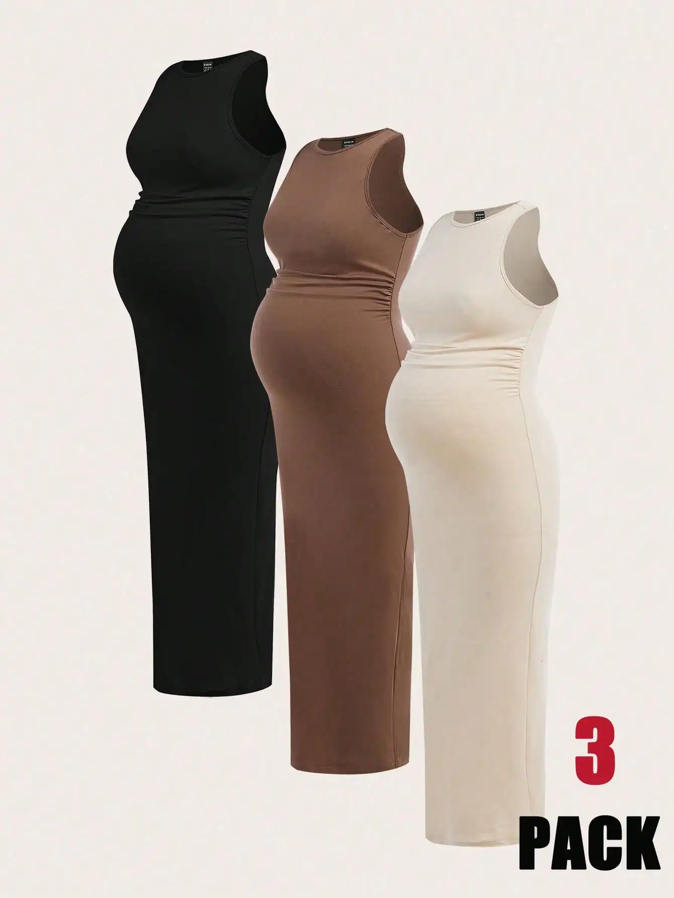 

3-Pack Maternity Tank Dress with Ruched Waist, Round Neck, Stretchy Fit