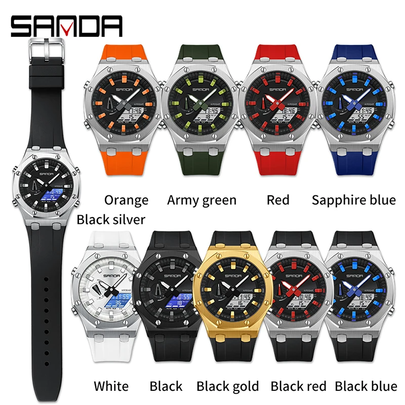 SANDA G Style Fashion Men Watch Double Display Electronic Wristwatches Waterproof Sports Alarm Clock LED Digital Quartz Watches