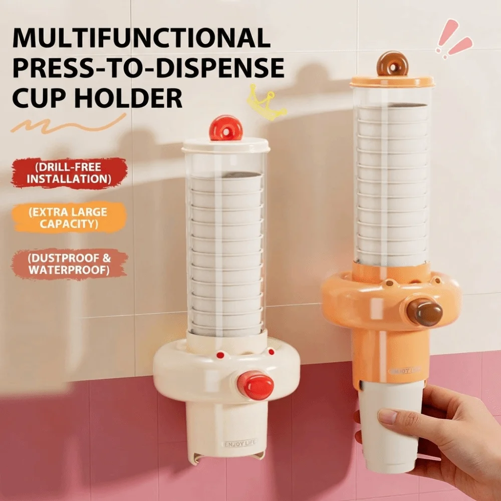 Punch Wall Mounted Paper Cup Holder Push Type Space Saving Automatic Cup Dispenser Dustproof Convenient Automatic Cup Picker