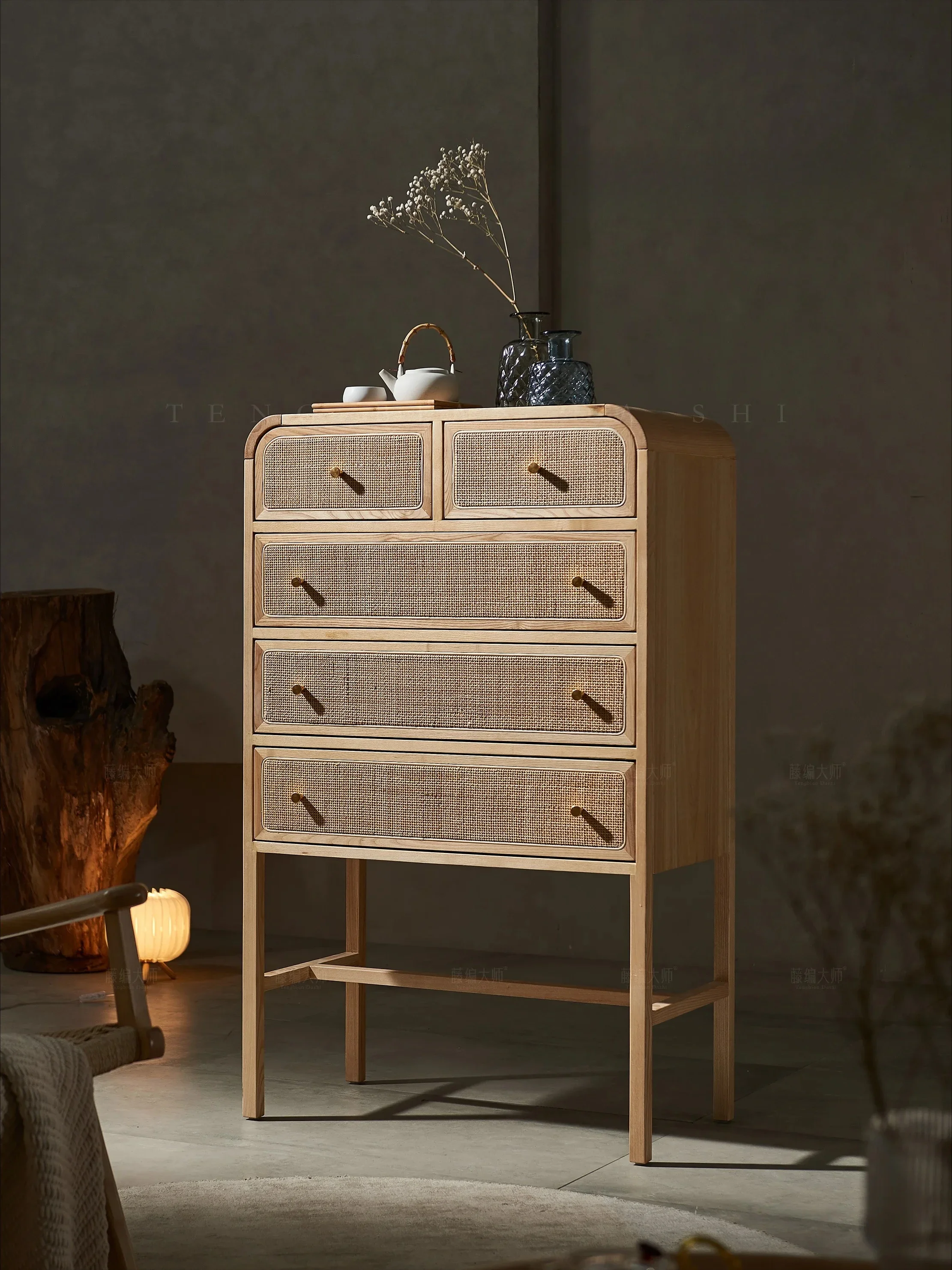Japanese-Style Rattan Chest of Drawers Living Room Entrance High Leg Entrance Cabinet Solid Wood Storage Side Cabinet