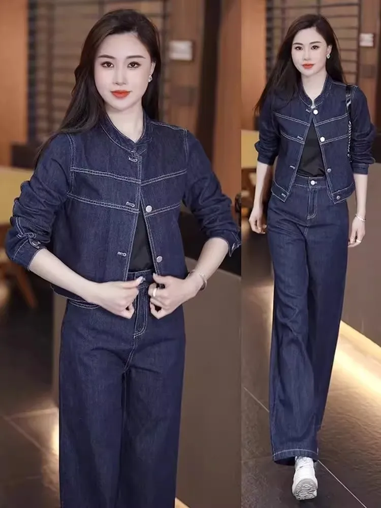 

Faionable Deep Blue Denim Set Women's Early Autumn New Sle Casual Jaet with Wide Leg Pants Two Piece Set