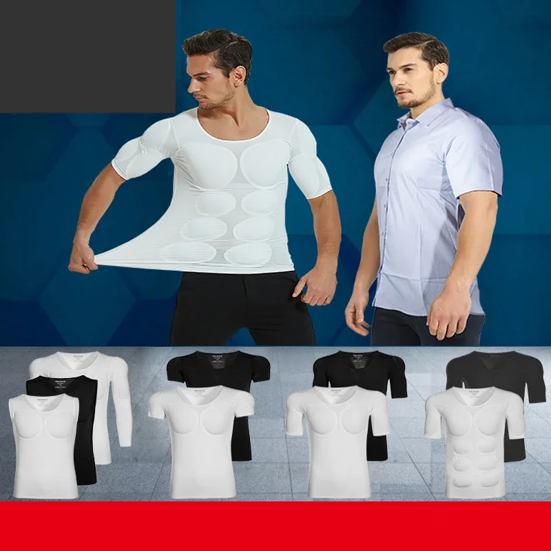 

Man Fake Muscle Pad T-Shirt Body Shaper Underwear Chest Sponge Cosplay Invisible Abdominal Arm Top Fitness Model Party Funny