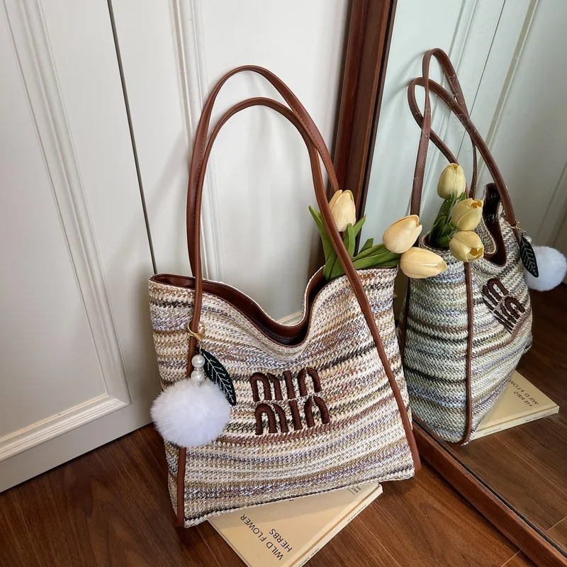 Tas Tote Tenun Pelangi Baru 2025-Tas Bahu Pantai Bohemian dengan Tali Dapat Disesuaikan, Dompet Liburan Kapasitas Besar