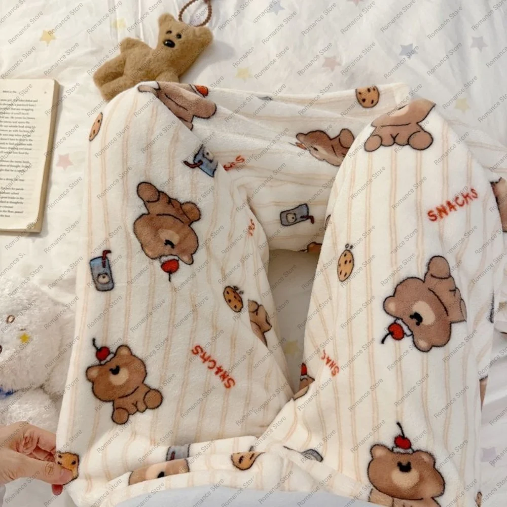 

Cookie Bear, осенне-зимние новые стильные длинные брюки для теплых женщин, фланелевые повседневные прямые домашние брюки, удобные брюки