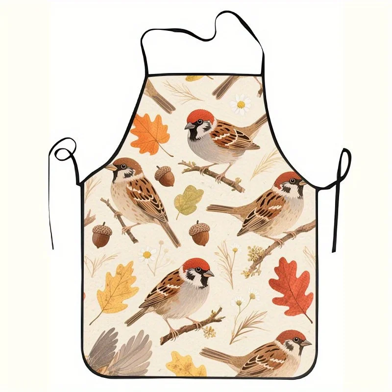 1pc Vintage Autumn Bird Sparrow Print Apron Unisex Kitchen Apron Durable Easy-Clean Fabric for Cooking, Baking Restaurants