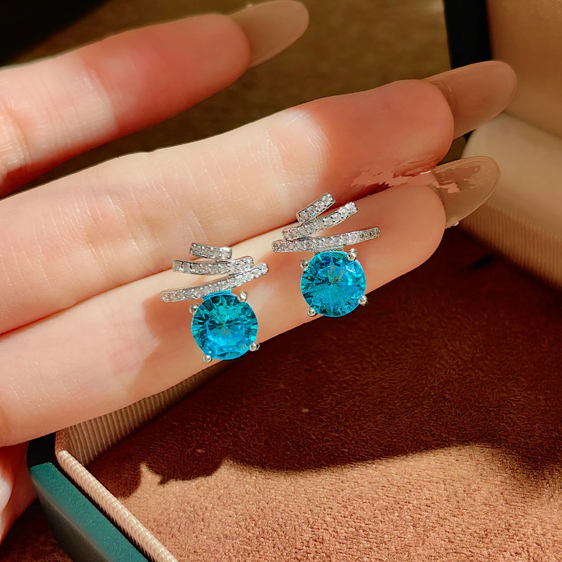 Paraiba Earring for Women Sparkling 3 Row Lab Diamond S925 Silver Wedding Jewelry Luxury Stud Earrings Gifts