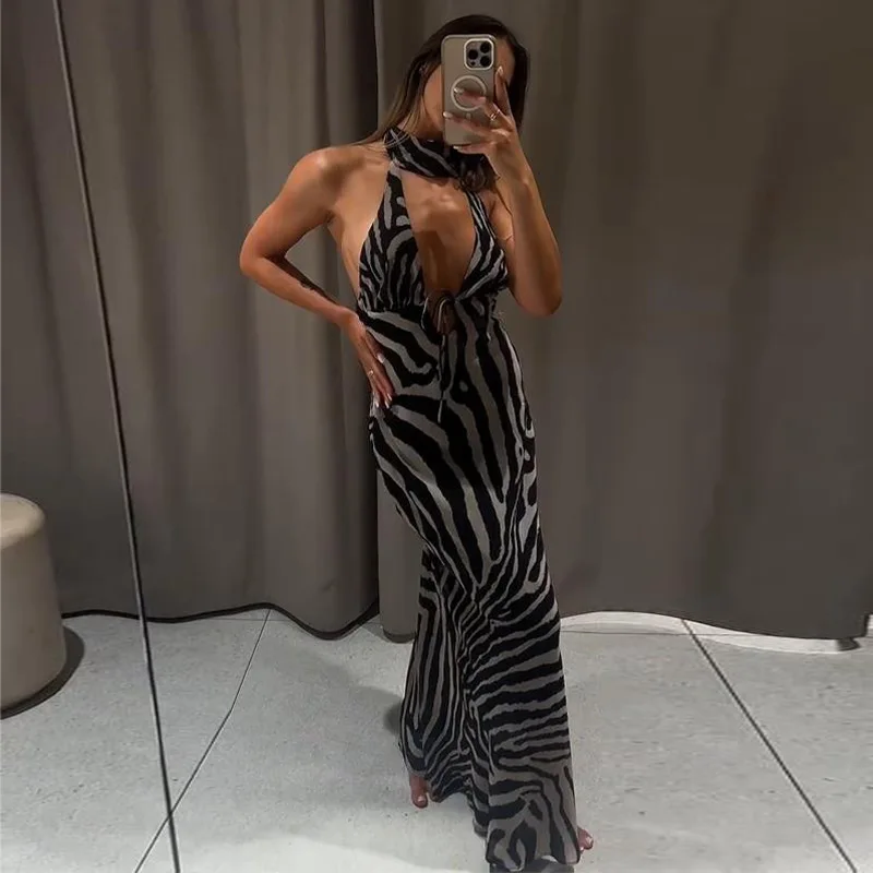 Zebra-Bedrucktes Neckholder-Maxikleid für Damen, Sexy, Ärmellos, Rückenfrei, Tailliert, Hüftbetont, Schlankes Abendkleid, Elegante Damenroben – Detail 6