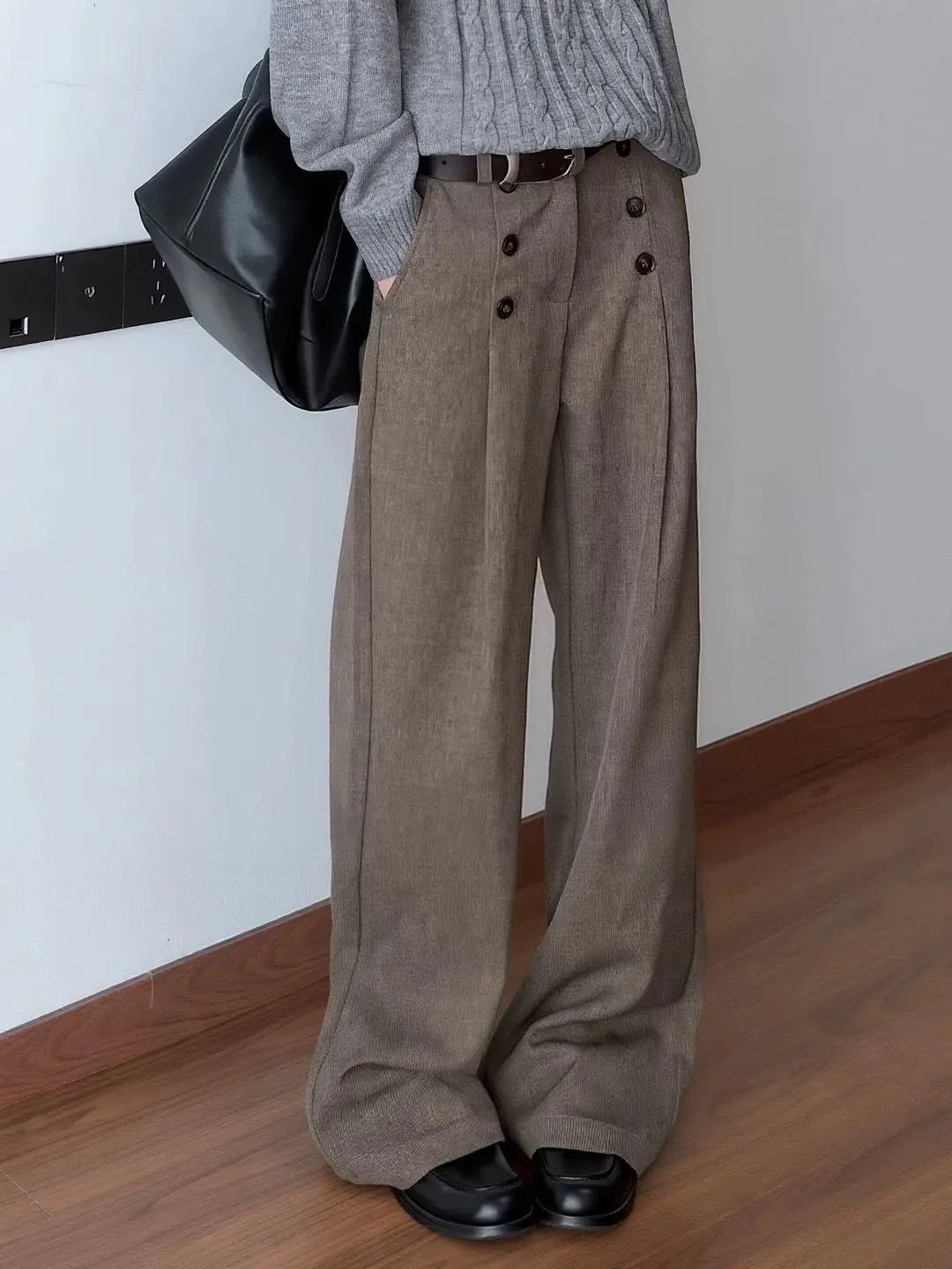 

2023 весенне-осенние двубортные складные прямые широкие брюки в стиле вестерн, женские универсальные повседневные брюки с заниженным ощущением