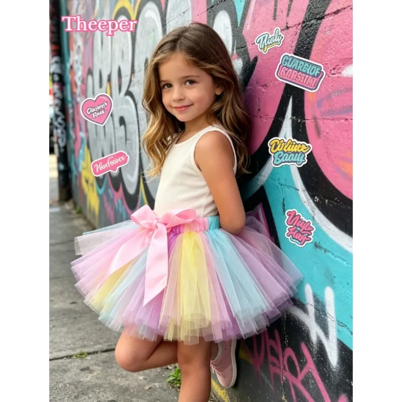 Rainbow Tutu Skirt Layered Tulle Bottom Wear Fluffy Fashion Skirt Cosplay Outfit Stage Show Birthday Party Holiday Dress Costume