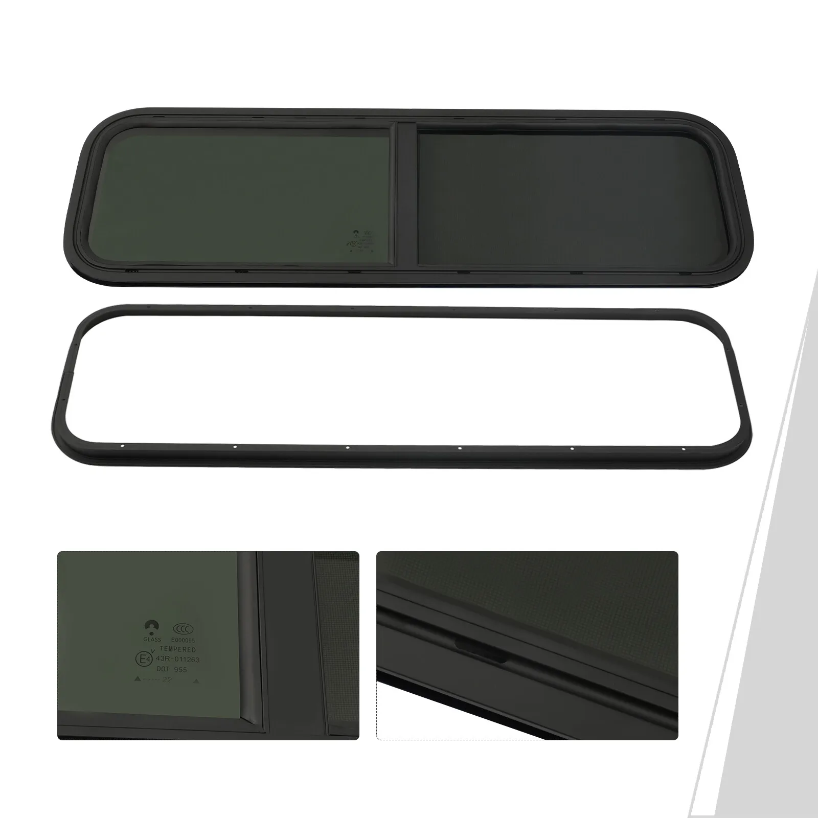 استبدال نافذة RV المنزلقة الأفقية مقاس 42 × 12 بوصة بإطار من الألومنيوم الأسود مع شاشة لمقطورة التخييم