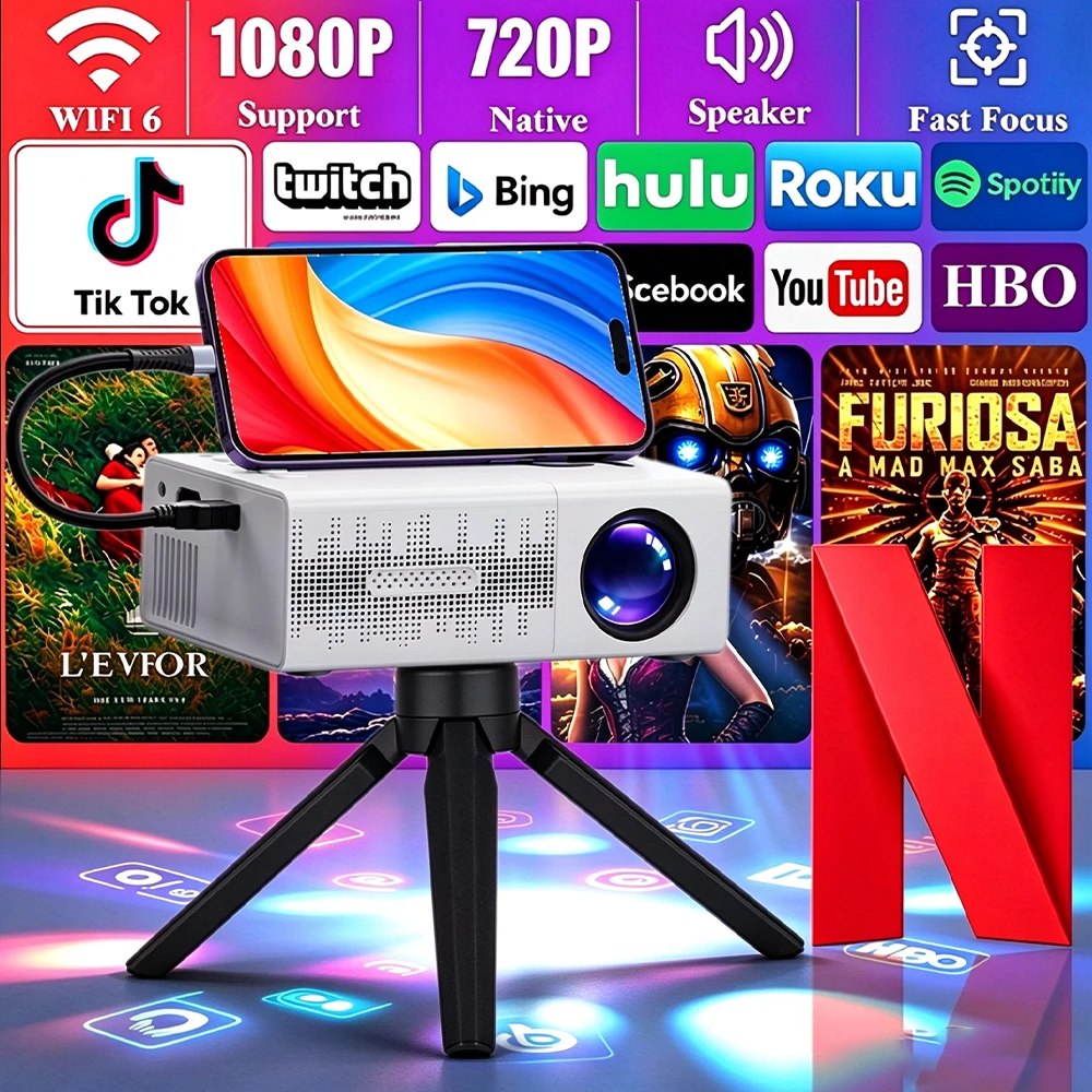Intelligenter Mini-Projektor mit 1080P 4K Dekodierung, Schnellfokussierung, Kabelgebundener Bildschirmspiegelung, Heimkino-Projektor, Büro-Projektor