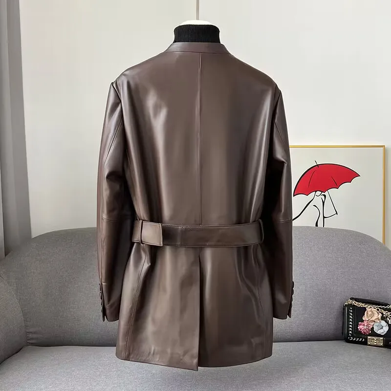 Chaqueta de piel sintética para mujer, abrigo negro suave y ligero con cuello en V profundo y cinturón, elegante, moda Coreana de lujo, Otoño, 2024