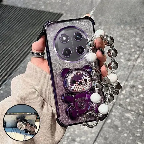 Luxury Bow Strap Bear Phone Holder Case For Honor Magic 7 Lite X9C X6A X6B X6C X8A X8B X8C X5B Glitter Shockproof Stand Cover