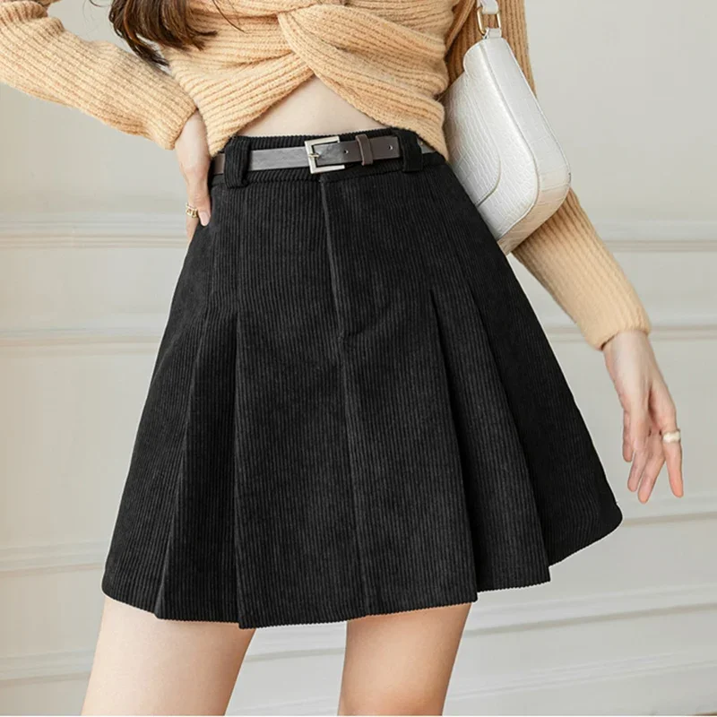 Autumn Winter Corduroy Pleated Skirt For Women High Waist Slim Retro Short Saias With Belt