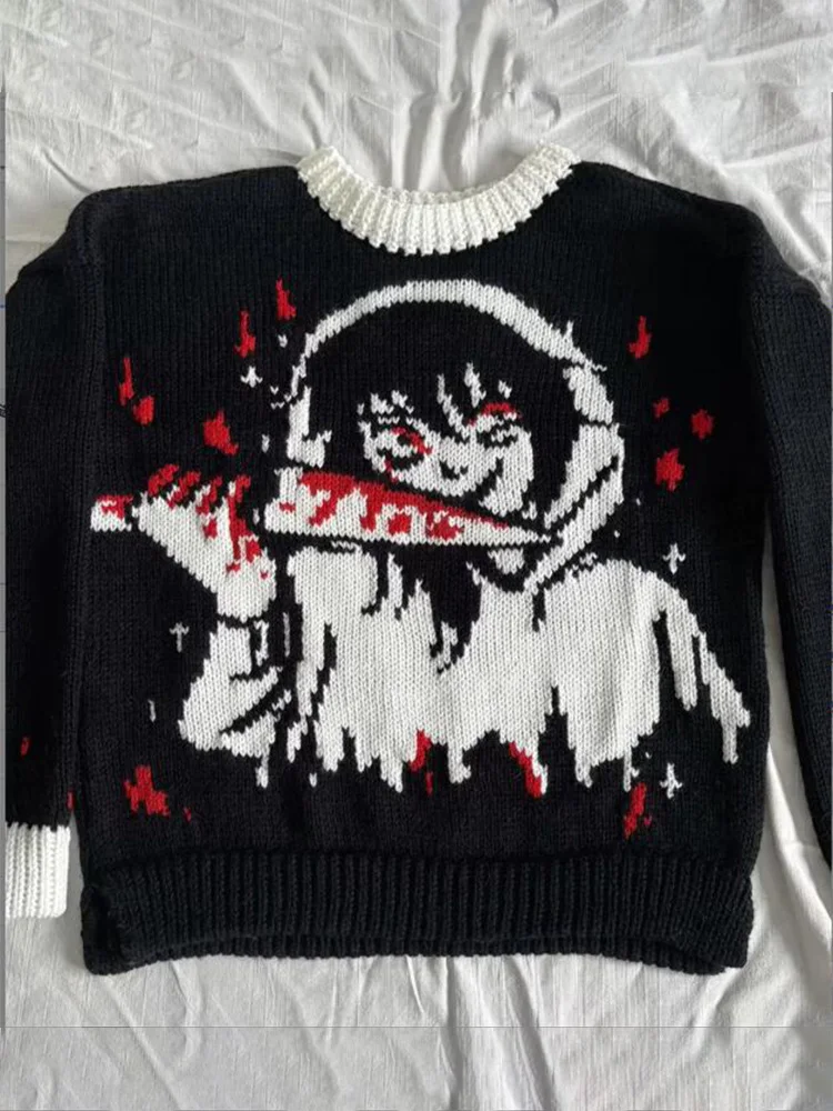 Autumn Winter Women's Y2K E-girl Harajuku Streetwear Dark Anime Print Relaxed Fit Crew Neck Contrast Cuff Long Sleeve Sweater