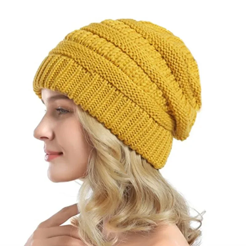 Women Satin Lined Winter Beanie Caps Striped Knit Hats Solid Color Silk Lining Thick Chunky Cap Soft Slouchy Warm Hat gorras