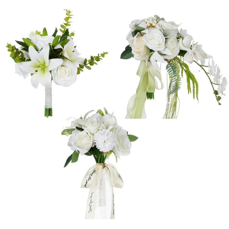 

Realistic Silk Flower Arrangement in White Elegant Bouquets for Wedding Event