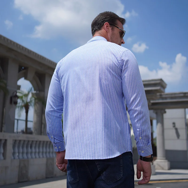 2024 large size autumn and winter personality standing collar long-sleeve striped shirt casual loose plus loose shirt