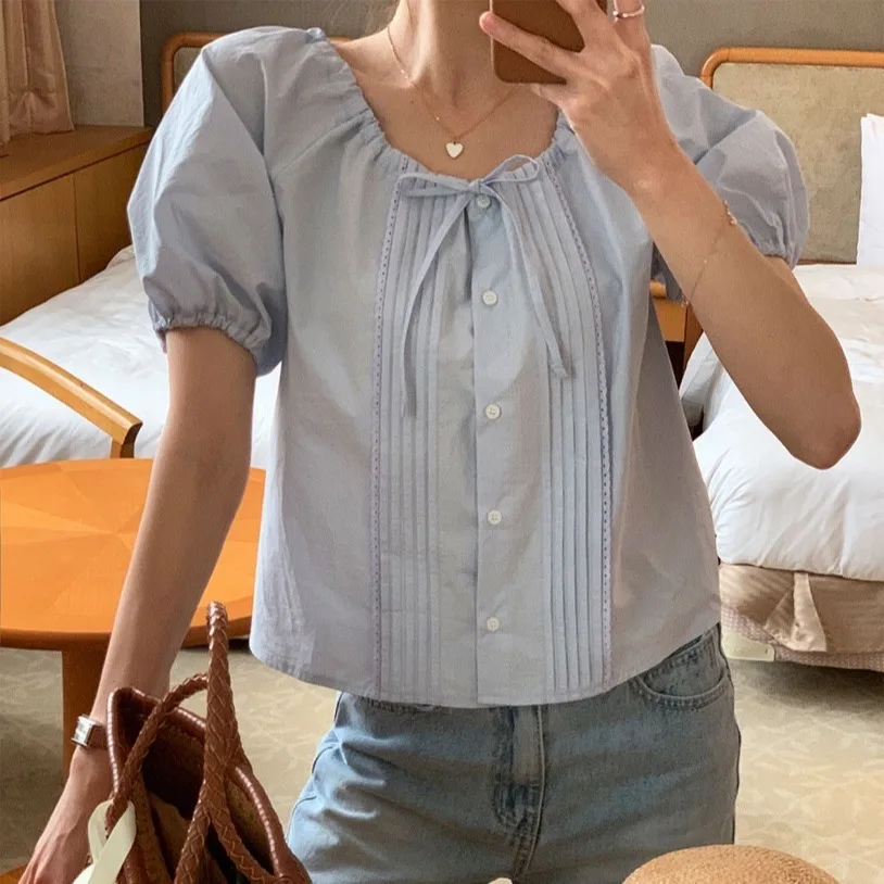 Summer Design Women's Short Sleeve Shirt Bubble Sleeve Doll Sweet Top Drawstring Ruffle Chinese Style Fashion Ladies' Blouse