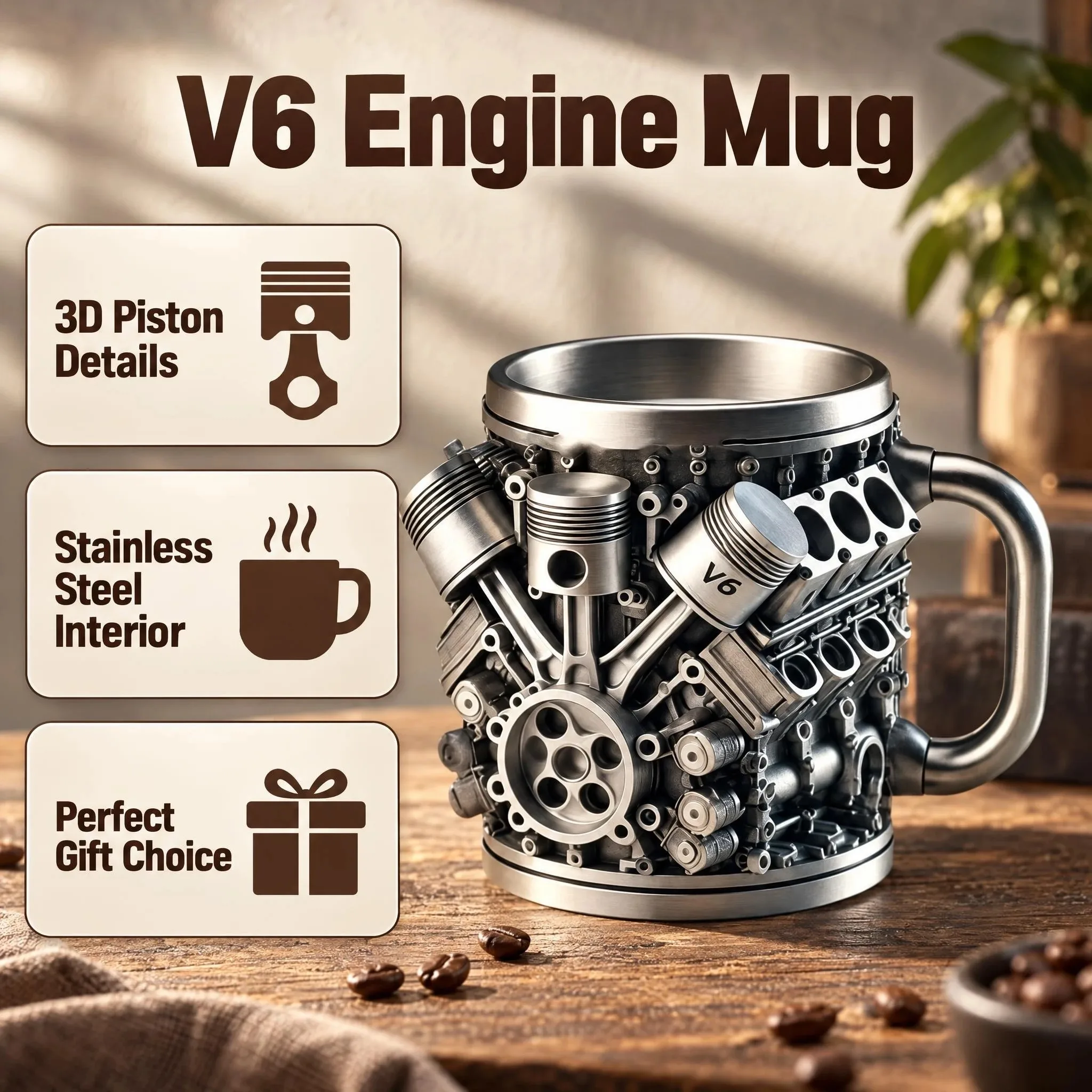 V6 Engine Stainless Steel Coffee Mug, 3D Metal Mechanical Car Engine Water Bottle, Unique Automotive Enthusiast Gift For Fathers Day, Novelty Collectible Mug For Car Guys & Mechanics, Perfect For Hot/Cold Beverages