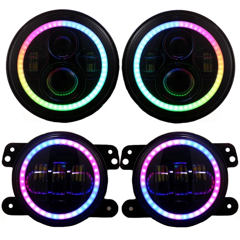 Hot selling  Multi Function 7 inch RGB Phone App Control LED headlight for jeep wrangler JK halo ring car lights for jeep