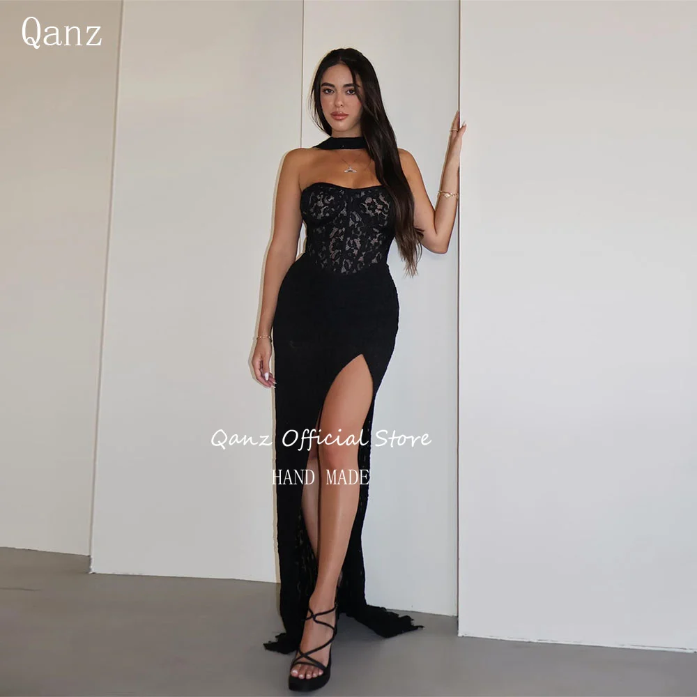

Qanz Sexy Mermaid Evening Dresses Sweetheart High Side Slit Black Prom Dresses 2025 Lace Appliques Vestidos De Noche Customized