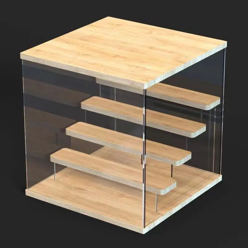 Transparent Acrylic Figure Display Cabinet With Solid Wood Step Stand for Blind Box Toy, Cosmetic, Souvenir Display Box